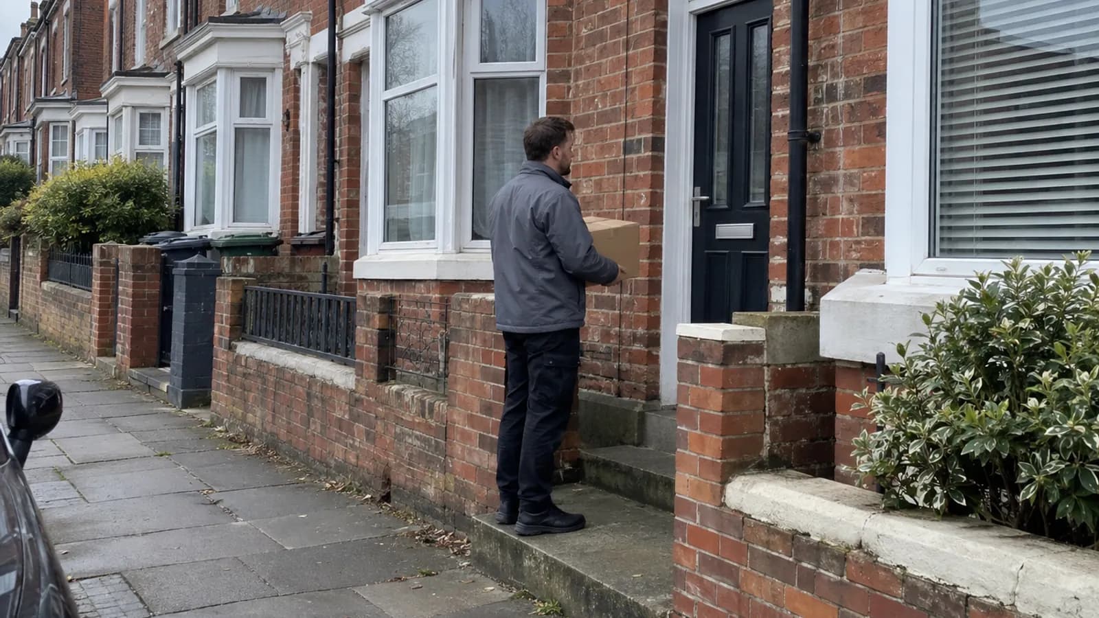 Courier waiting at a front door with an undelivered parcel
