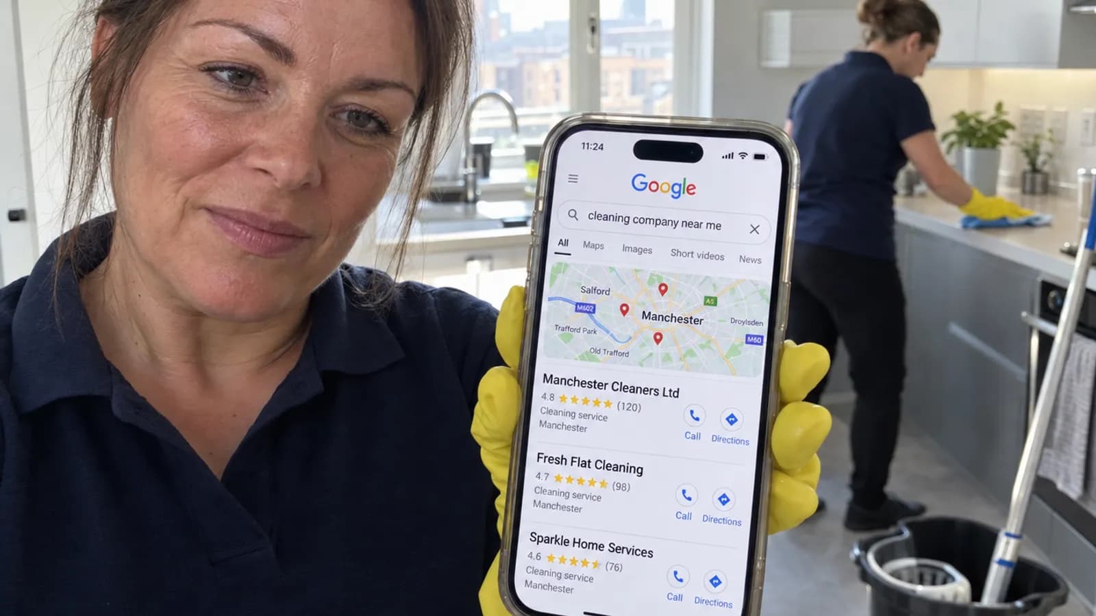 Cleaning team in a bright flat while the owner shows Google results on her phone