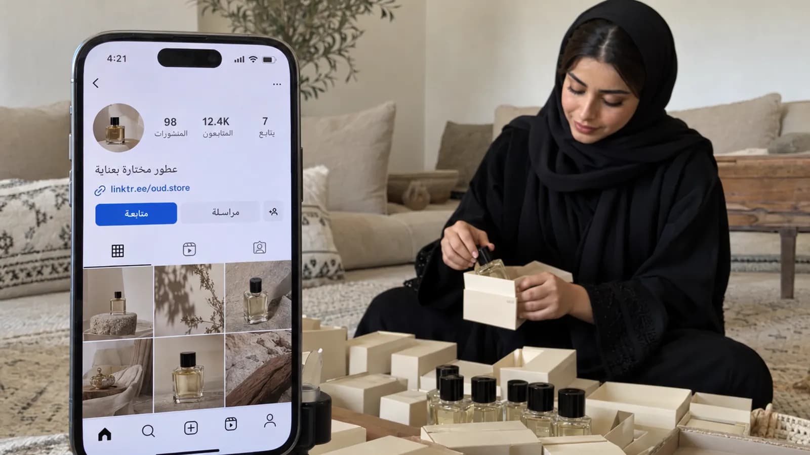 بائعة عطور تغلّف الطلبات بجانب هاتف يعرض حساب انستقرام برابط في البايو