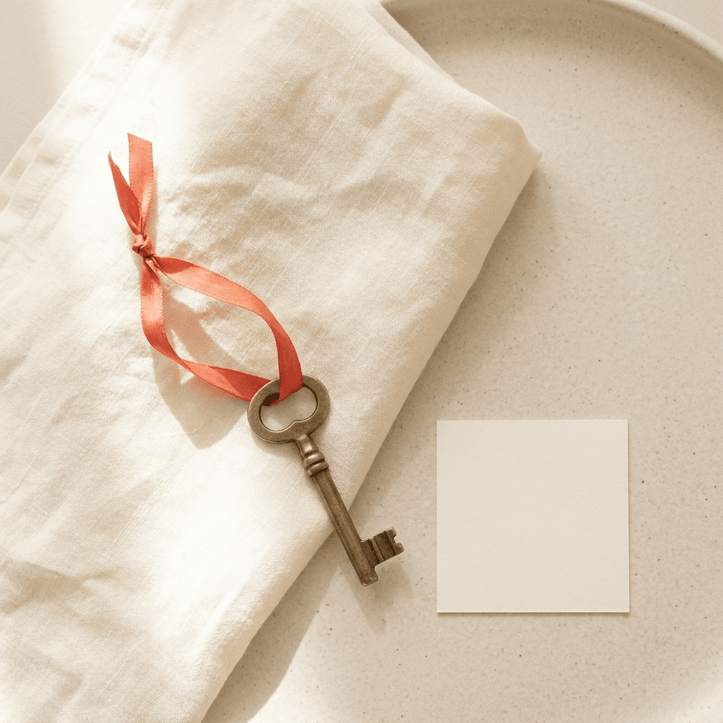 A brass key on cream linen, symbolizing website ownership