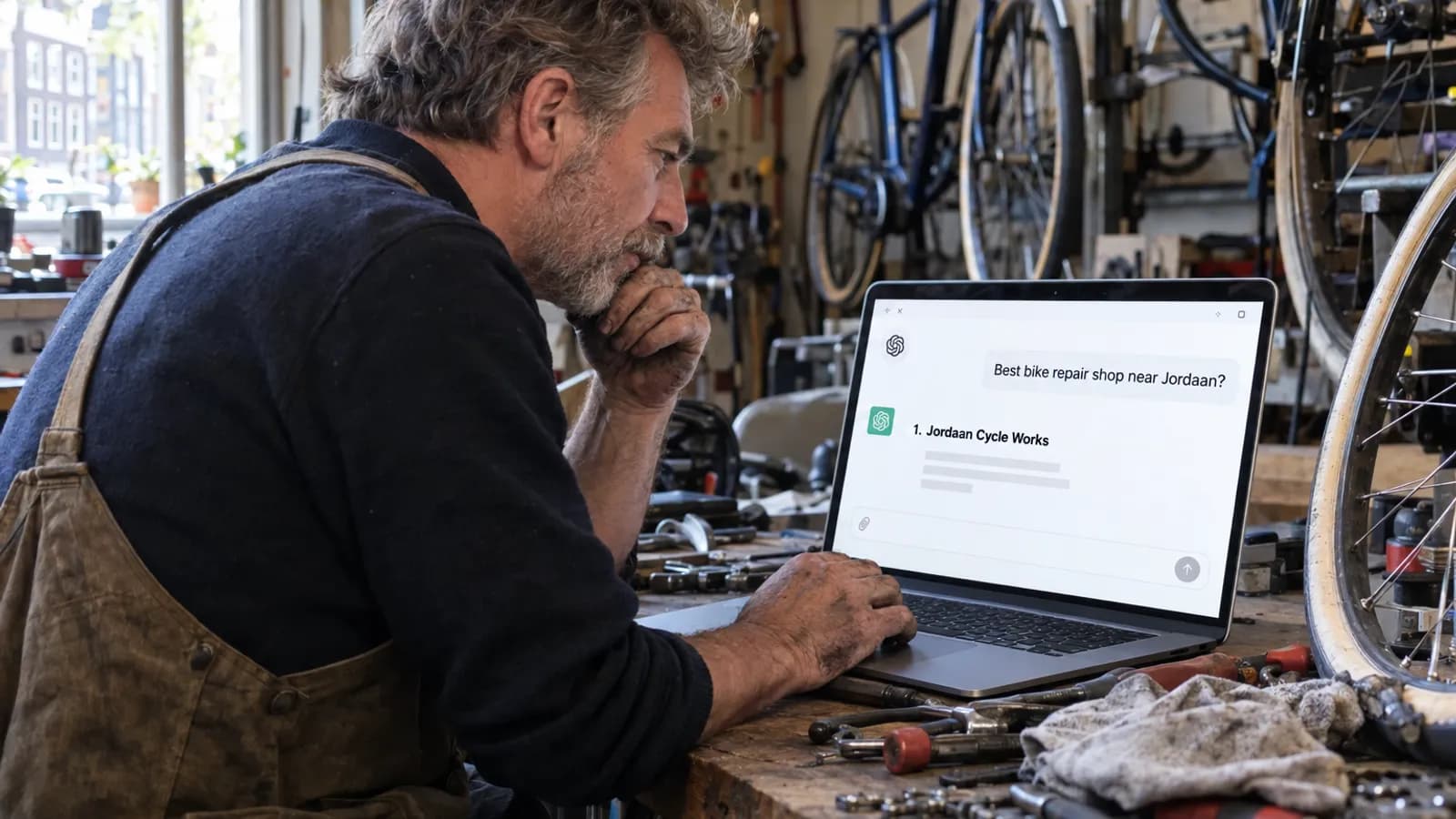 Workshop owner reading a ChatGPT answer about local repair shops on his laptop