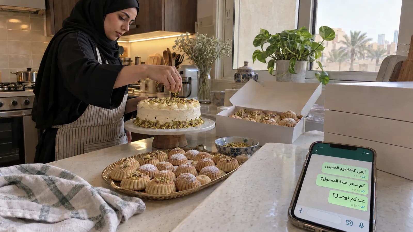 صاحبة مخبز منزلي في جدة تزيّن كيكة بجانب هاتف يعرض طلبات واتساب