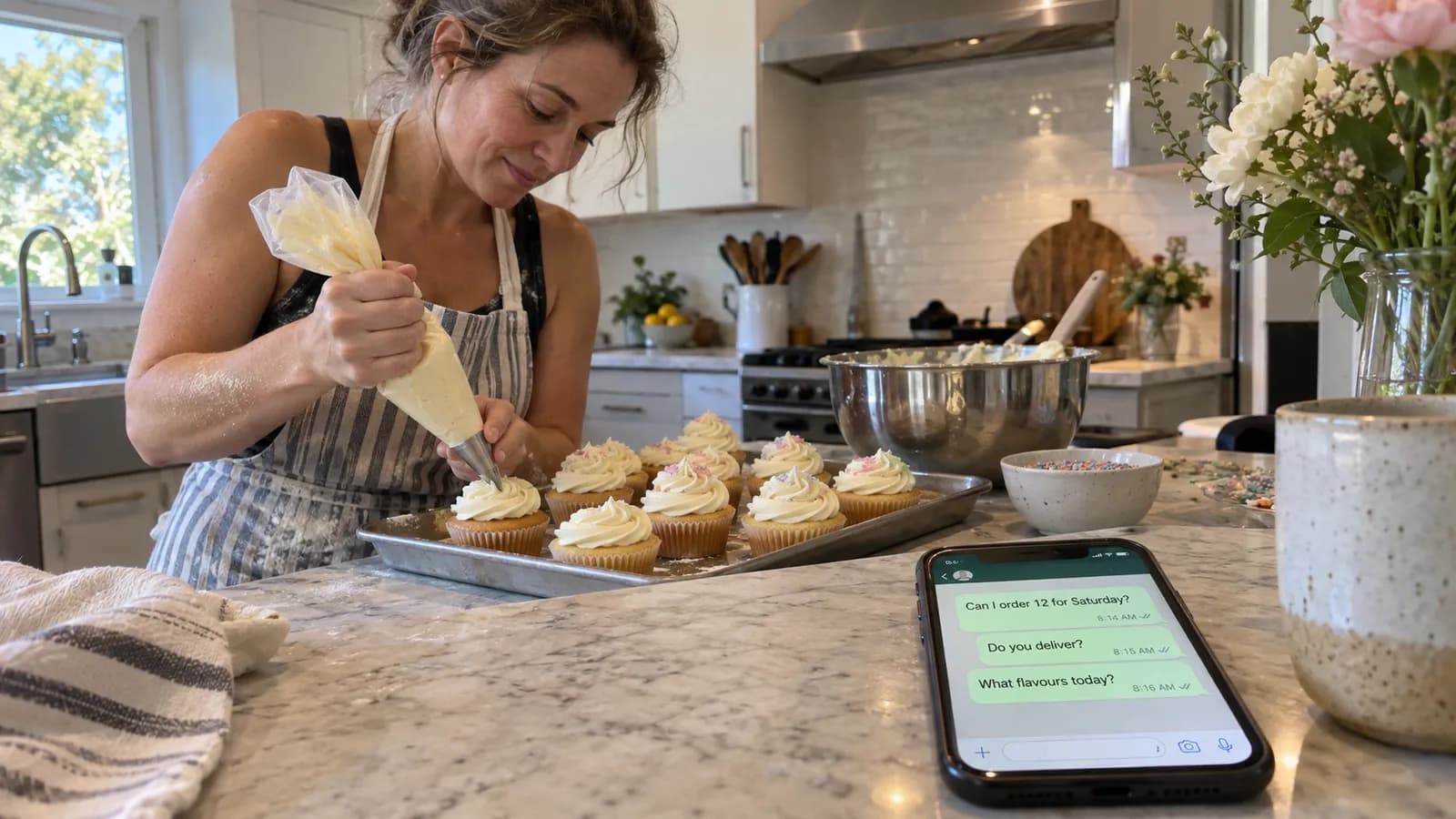 Home baker piping cupcakes next to a phone full of WhatsApp order messages