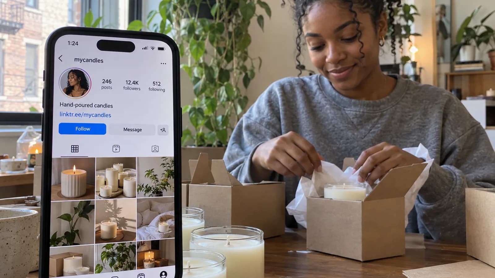 Seller packing candle orders next to a phone showing an Instagram profile with a link in bio