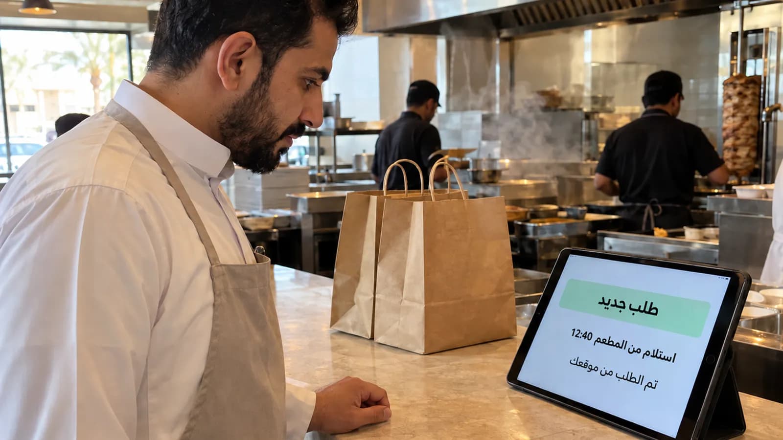 صاحب مطعم في الرياض يراجع طلبًا جديدًا وصل من موقع المطعم