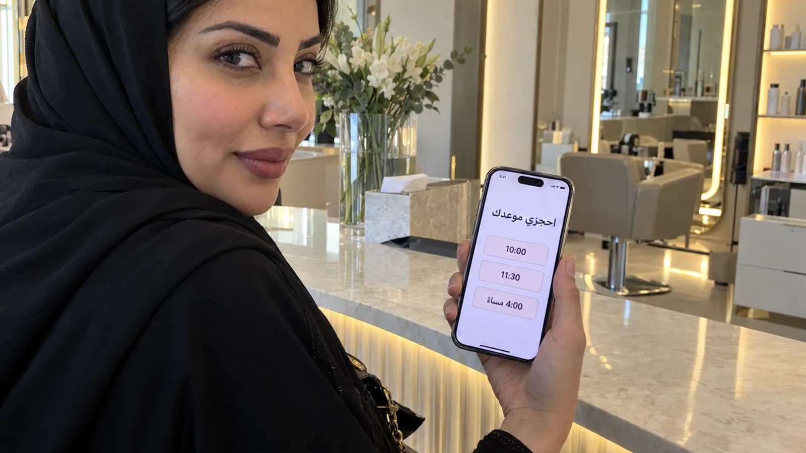 صاحبة صالون في دبي تعرض صفحة حجز المواعيد على هاتفها