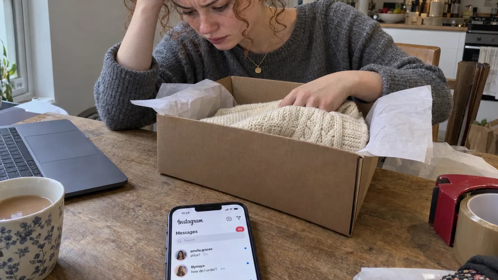 Phone showing a full Instagram inbox next to an online store checkout