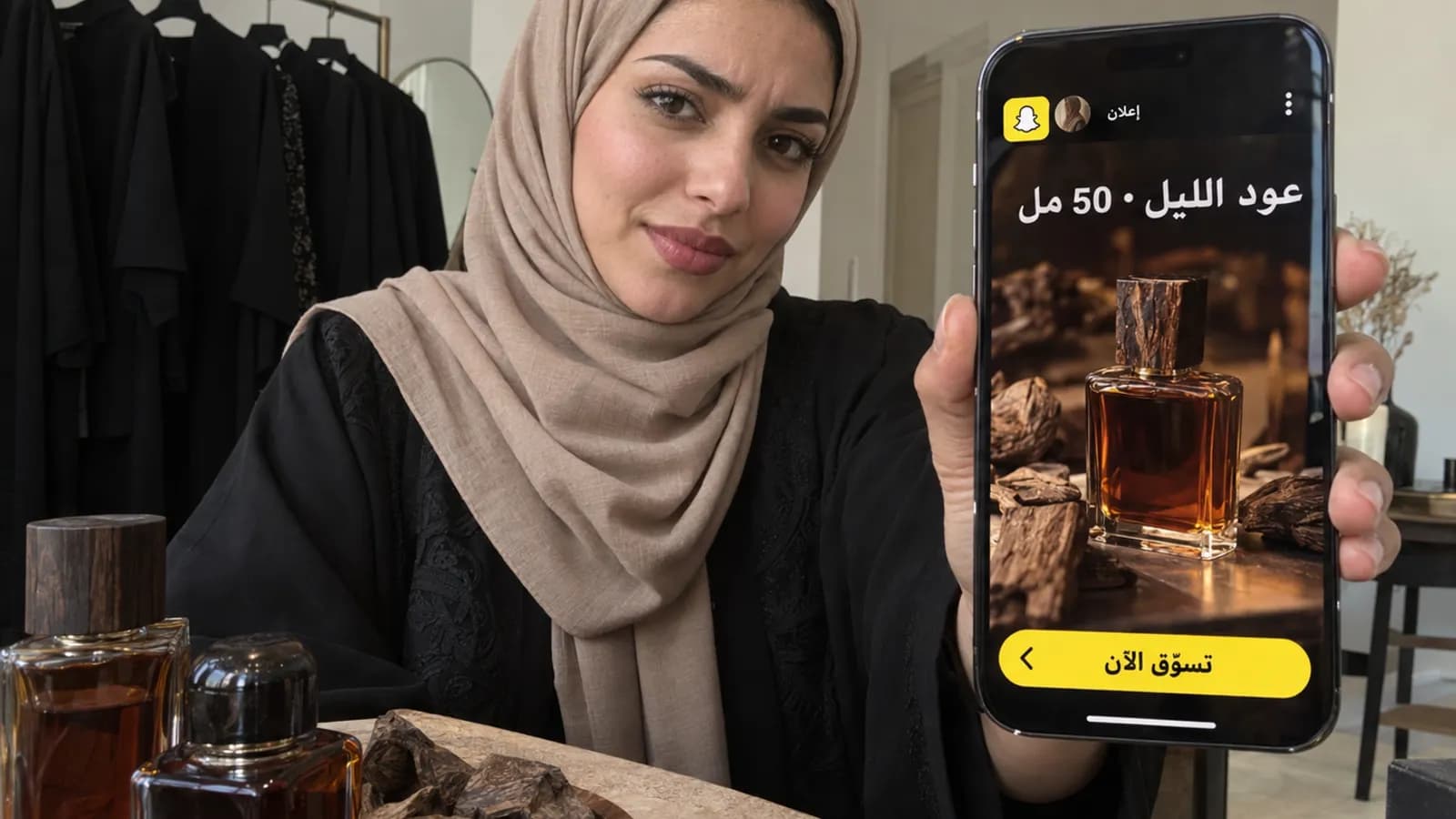صفحة منتج لعباية وعطر على الهاتف بجانب إعلان سناب شات