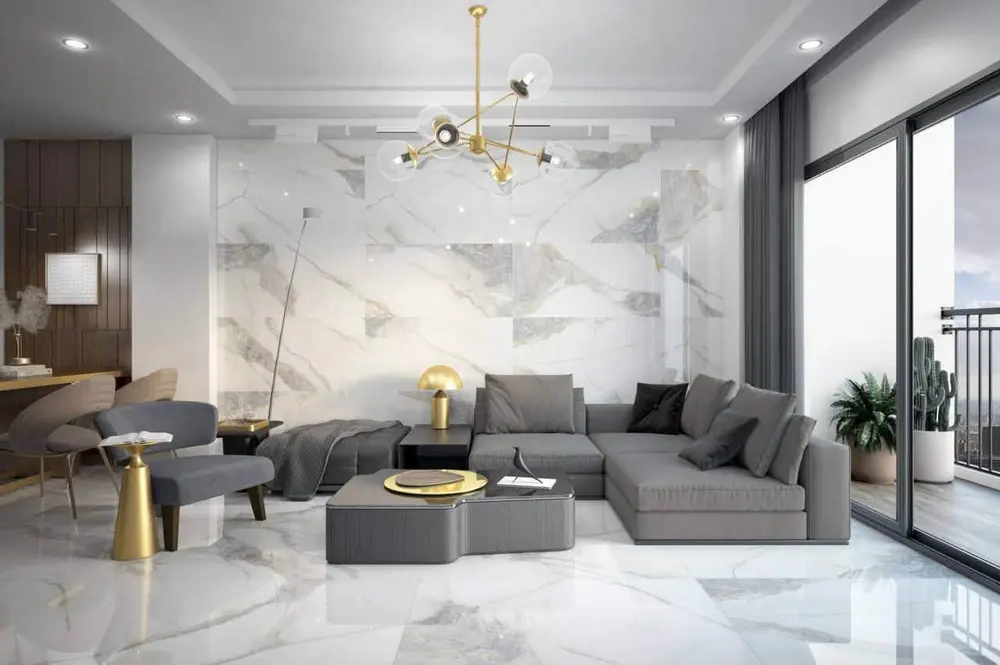 Living room with polished marble-look porcelain floor