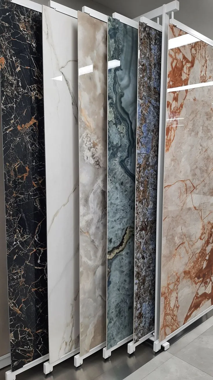 Large-format marble-look slabs on display