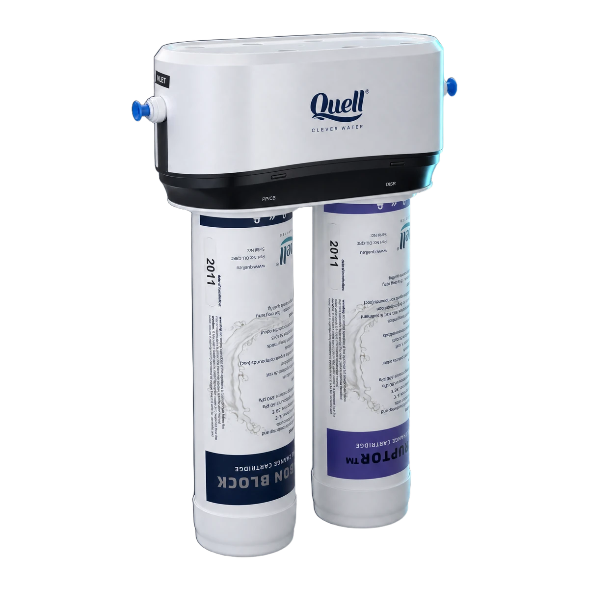 Quell under-sink filter unit: white head unit above two filter cartridges